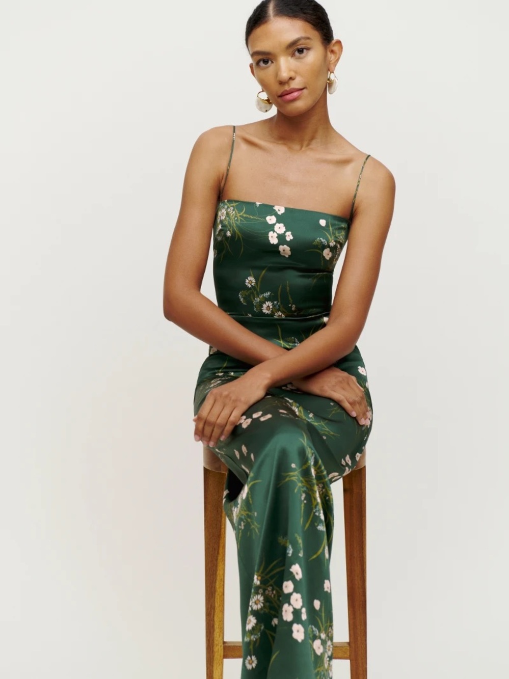 Reformation Forest Green Floral Strapless Slip Dress